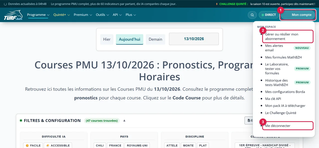 Le menu Mon compte ouvert