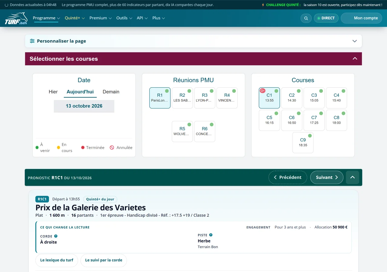 Page de course : choix de la date, de la réunion et de la course