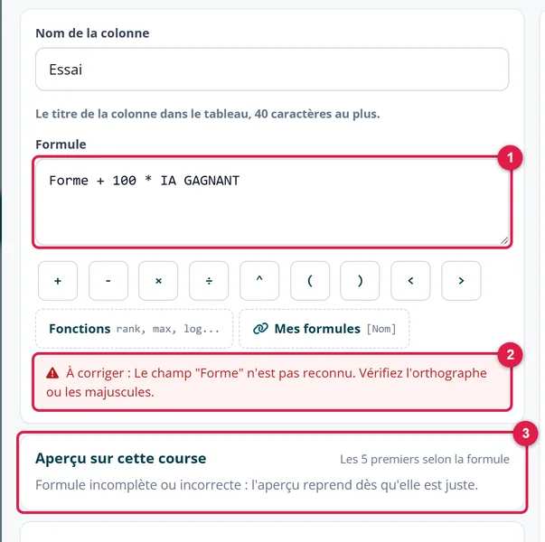 Une formule à corriger et son message