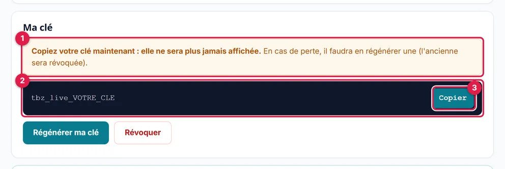 L'encadré qui montre la clé une seule fois